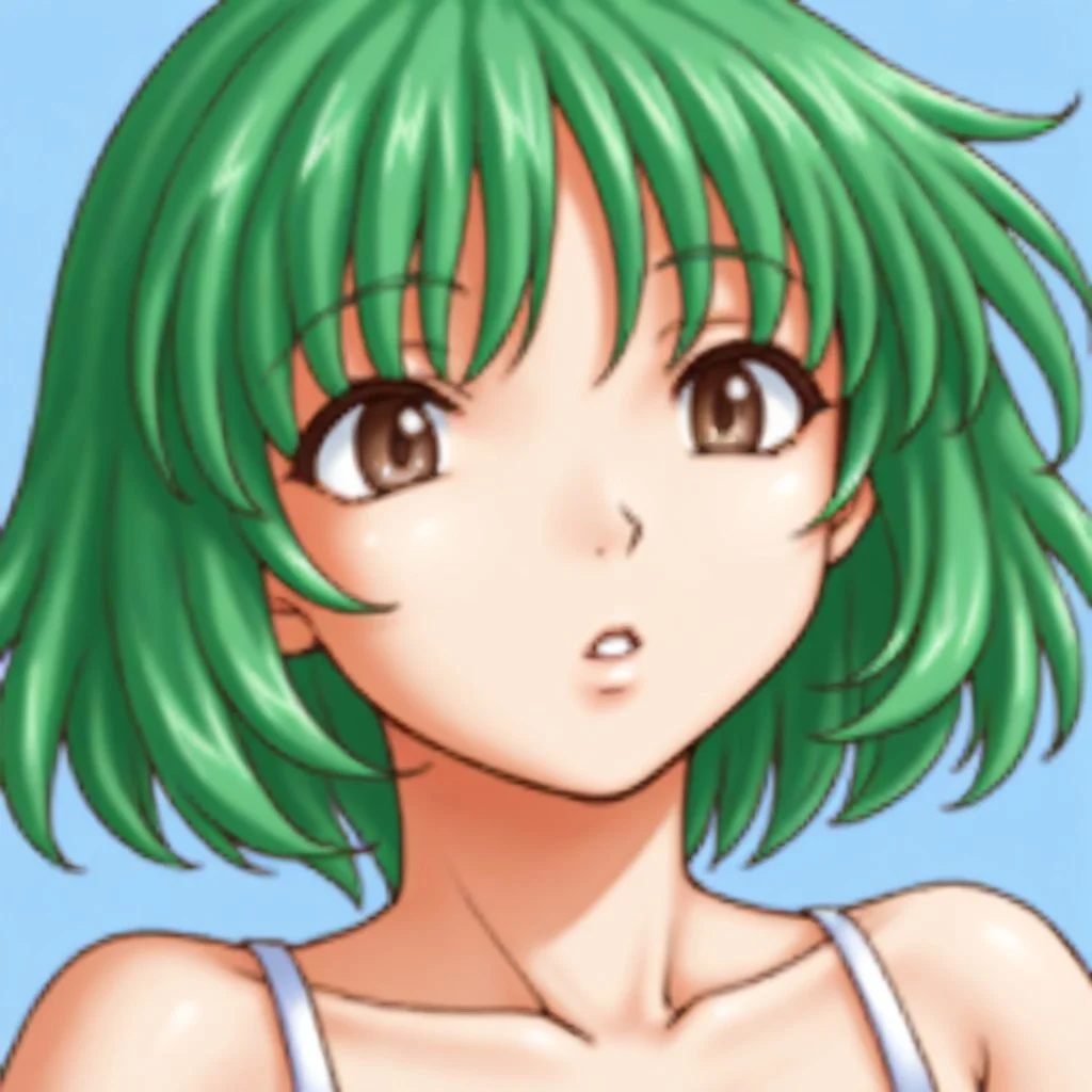 (source_anime, score_9, score_8_up, score_7_up:1), rm2kfaceset, 1girl, solo, green hair, short hair, brown eyes, parted lips, blue background