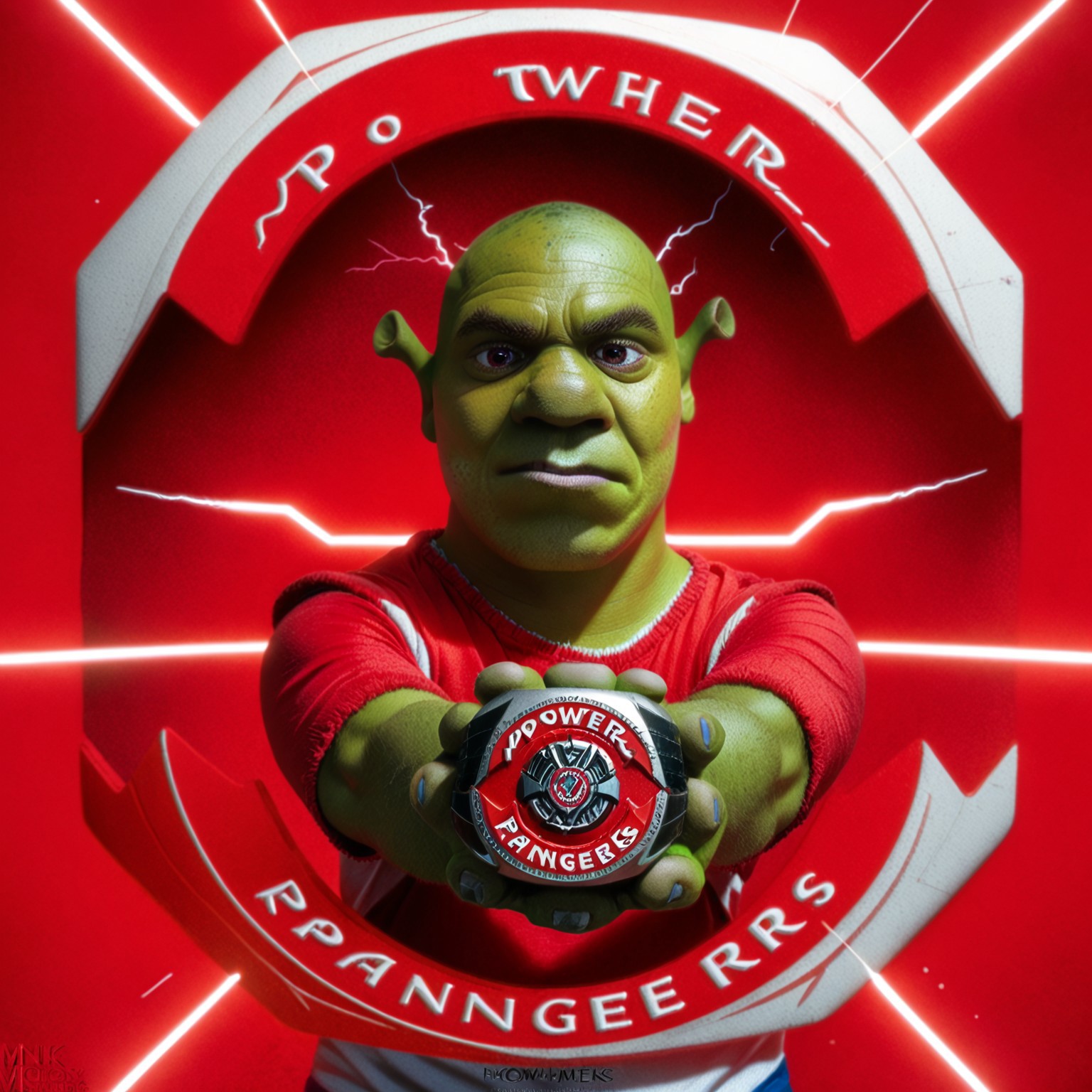 score_9, score_8_up, score_7_up 
   , masterpiece, beautiful,,
1 male, shrek, green skin

FMorphintime, Power Rangers logo, circular shape, red background, lightning effects, central figure, vibrant colors, dynamic composition, iconic branding, superhero theme, flashy visuals,outstretched hands, diagonal palm gesture, holding a Morpher, glowing energy effects, dynamic lighting, vibrant pink sparks, focused expression,, dramatic background,  POV