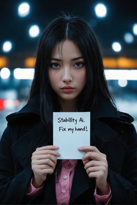 1girl, HDR, 4k, 8k resolution, 10bit color, Dimly lit environment,  candid RAW portrait photo of a woman (holding a piece of note:1.3) on the airport at night, handwritten text ("Stability AI: Fix my hand!!!":1.6) on this note, bokeh, Lomo, (RAW photo:1.2), (masterpiece:1.3), (photorealistic:1.4),  (best quality:1.4), ultra high res, (extreme detailed illustration), looking towards the camera lens,  (upper body, Pink shirt:1.2),  angry expression, (black long detailed trench coat:1.2), very clear eyes, very clear face, Focus on the eyes, Focus on the face, black hair, black eyes black eyes perfecteyes, very beautiful girl, (very detailed eyes), (detailed facial features), (detailed clothes features), skin tight, (shiny skin), (slender girl), dreamlike, foreground, very beautiful face, very beautiful eyes, very real face, very real skin, very real eyes, ultra realistic, full of colour,  detailed, intricate, hyperrealistic, extreme details, cinematic, insanely detailed, high settings octane render,