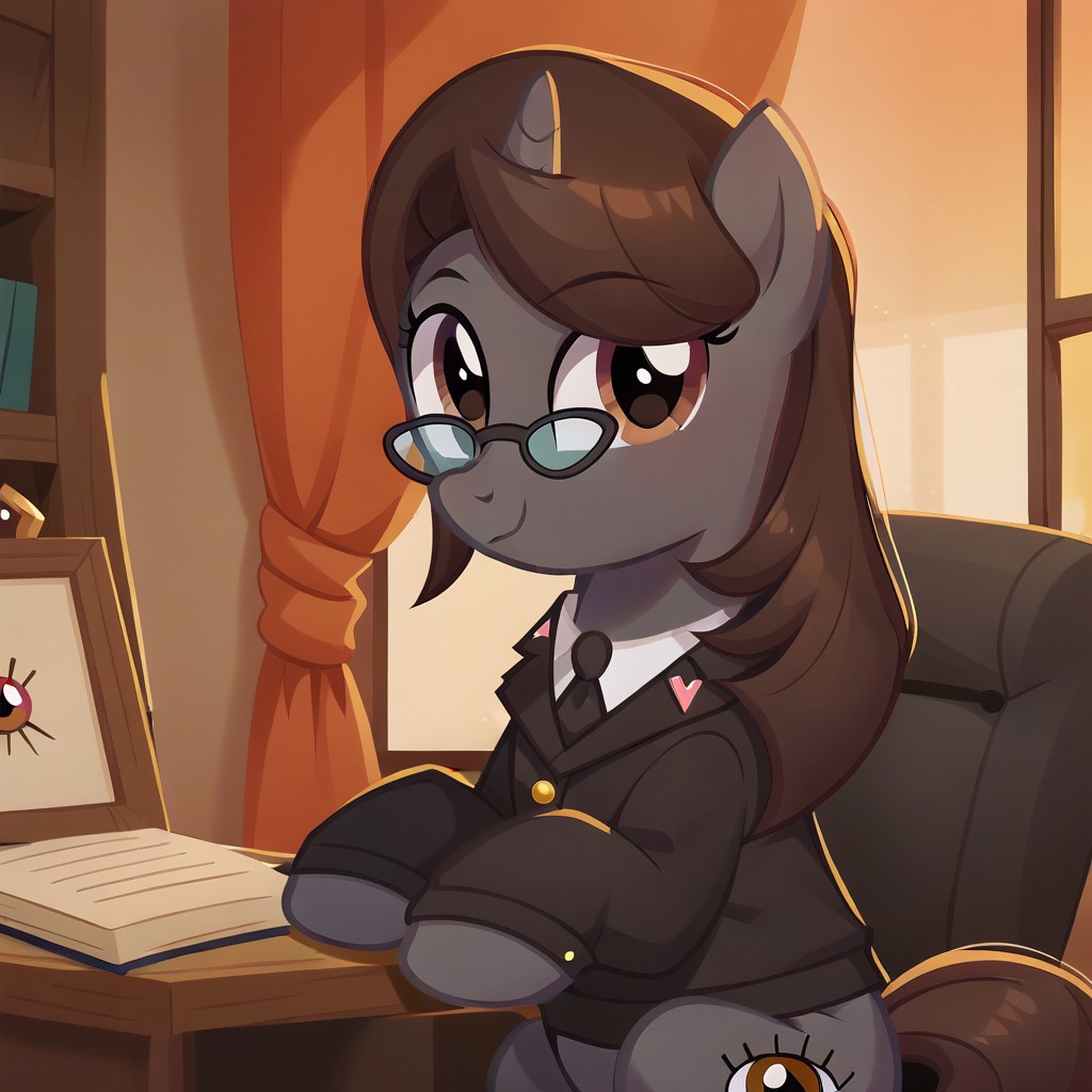 masterpiece, perfect detail, best high quality, source_pony, show accurate, cute, 1girl, solo, female, oc:sonata, glasses, attorney suit, badge on collar, pony, tail, sitting, sitting in chair, desk, coffee mug, lawyer's office, office, paperwork, folders, books, bookshelf, window, sunshine, smile, closed mouth, beautiful, looking at viewer, score_9, score_8_up, score_7_up, score_6_up, score_5_up, score_4_up