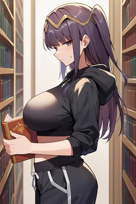 score_9, score_8_up, source_anime, 1girl, solo <lora:tharja-pdxl-nvwls-v1-000006:1> rndTh, tiara, two side up, arched back, black hoodie, sweatpants, large breasts, from side, library, holding book, looking at viewer