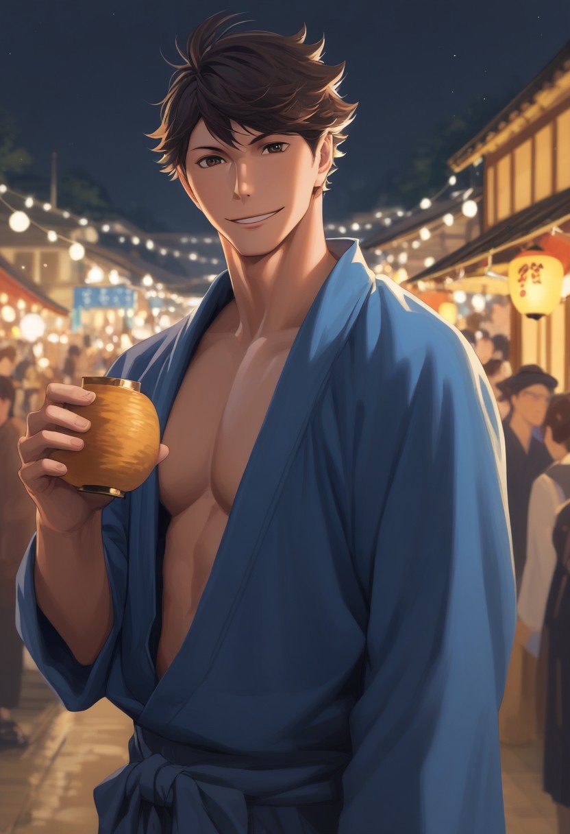 score_9, score_8_up, score_7_up, source_anime, rating_explicit, hands with five fingers, pecs, Oikaikyu, 1boy, male focus, dark-blue yukata, smiling, looking at viewer, blurry outdoor lantern festival, food stalls, warm bokeh, realistic lighting,