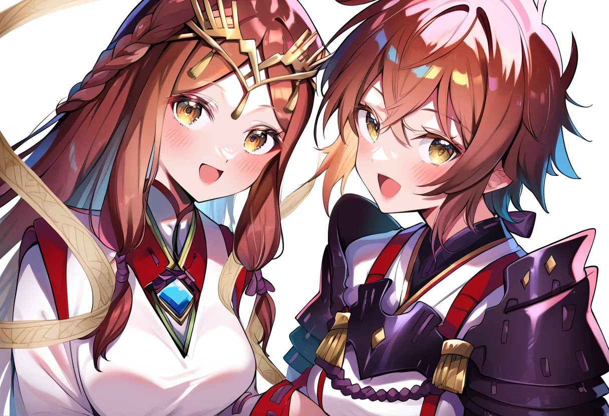 (score_9:0.9),score_8_up,score_7_up,anime style,rating_safe,(zPDXL),2girls,white background,medium breasts,looking at viewer,smile,blush,open mouth,parted lips,
BREAK long sleeves,haze_xb2,miko costume,red hakama skirt,
BREAK shoulder armor,fingerless gloves,lora_xb2,white japanese costume,red skirt,<lora:XB2 Lora and Haze ponyXL v1:0.94>,