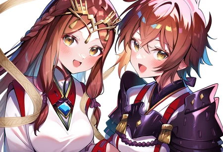 (score_9:0.9),score_8_up,score_7_up,anime style,rating_safe,(zPDXL),2girls,white background,medium breasts,looking at viewer,smile,blush,open mouth,parted lips,
BREAK long sleeves,haze_xb2,miko costume,red hakama skirt,
BREAK shoulder armor,fingerless gloves,lora_xb2,white japanese costume,red skirt,<lora:XB2 Lora and Haze ponyXL v1:0.94>,