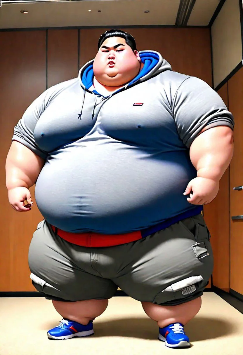 (obese:1.69), SSBHM,(bloated fattest superchub:1.3), muscle,ssbbw,(wear plane gray hoody:1.4),japanese man ,powerful,hot,sweaty,(wide chest:1.1), belly,