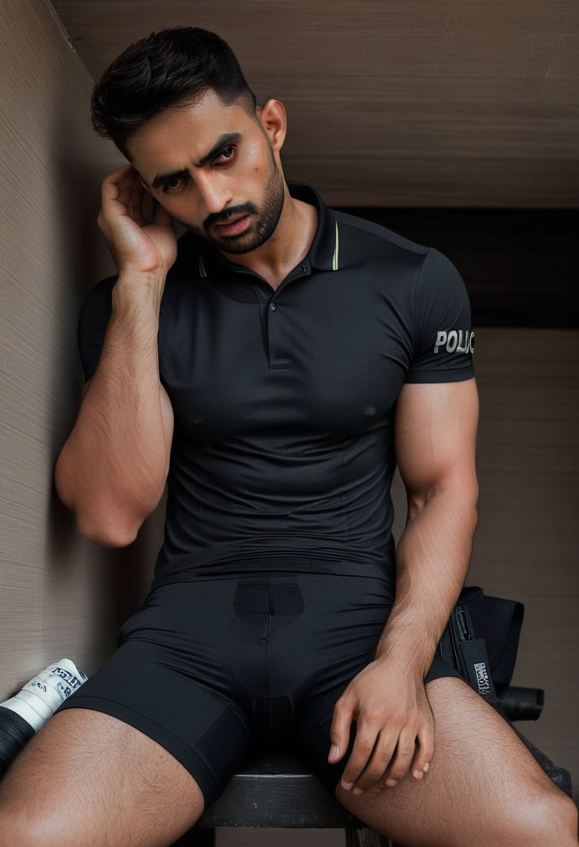 Ultra-detail, (highres:1.1), best quality, (masterpiece:1.3), Dani Carvajal a man <lora:kuldeep-Dani-Carvajal:1>, skinny muscled, modern haircut, dynamic posture, ((wearing compression boxer briefs and police polo shirt)), dramatic angle, full-body from above looking away,