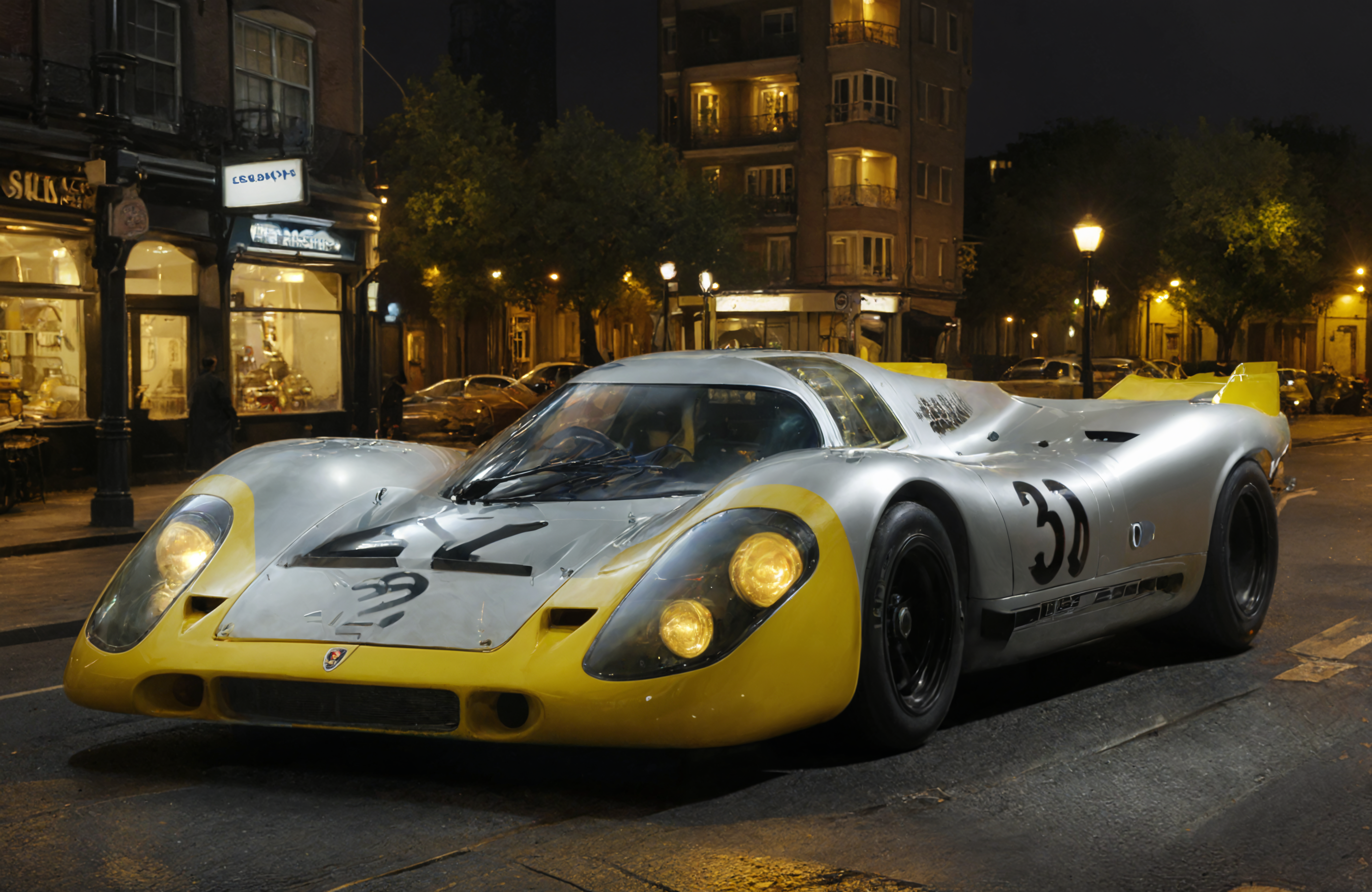 a photograph of a sports car, p0rsche9l7xl,     Moonlit Night: Moonlight casting a silvery glow, providing a mystical and romantic atmosphere., Buttercream Yellow,  front view ,     A bustling cityscape at night, dark, low-key,   low color saturation, concept art, perfect composition, masterpiece, professional photography, zeiss lens, shot on dslr 64 megapixels, sharp focus, intricately detailed, dramatic, tilt shift, f/32,