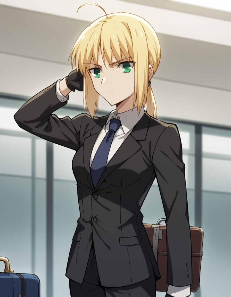 score_9, score_8_up, score_7_up, source_anime, <lora:artoria-pendragon-zero-ponyxl-lora-nochekaiser:1>, artoria pendragon, artoria pendragon (fate), saber, long hair, blonde hair, green eyes, ponytail, ahoge, medium breasts,, gloves, necktie, black gloves, pants, formal, suit, pant suit,, airport, waiting area, suitcase, flight delayed, passengers, reading book, , hand behind head, , looking at viewer, solo,, dutch angle, cowboy shot