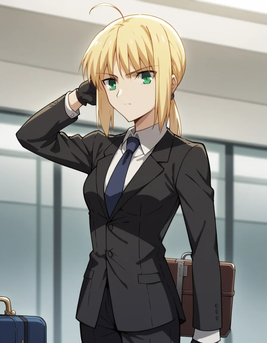 score_9, score_8_up, score_7_up, source_anime, <lora:artoria-pendragon-zero-ponyxl-lora-nochekaiser:1>, artoria pendragon, artoria pendragon (fate), saber, long hair, blonde hair, green eyes, ponytail, ahoge, medium breasts,, gloves, necktie, black gloves, pants, formal, suit, pant suit,, airport, waiting area, suitcase, flight delayed, passengers, reading book, , hand behind head, , looking at viewer, solo,, dutch angle, cowboy shot