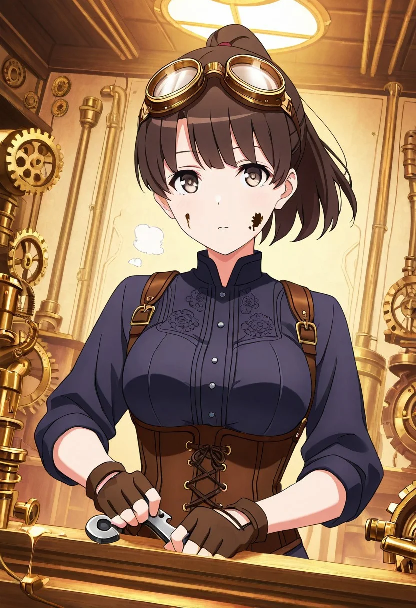 masterpiece, best quality, 1girl,Megumi <lora:IL-KatoMegumi:0.8>,brown hair,katou megumi,brown eyes,medium breasts, short hair, ponytail ,medium breasts, looking at viewer, masterpiece, best quality, steampunk engineer outfit, leather corset with brass buckles, goggles on head, fingerless gloves, Victorian workshop background, brass gears and clockwork, steam pipes, vintage machinery, floating cogwheels, holding wrench, determined inventor expression, oil smudge on cheek, industrial lighting, copper and brass tones, steam effects, mechanical contraptions, detailed mechanical parts, dutch angle composition
