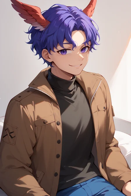 score_9, score_8_up, score_7_up, 1boy, solo, smile
<lora:HeadWingsPony:1> feathered head wings, red head wings, multicolored head wings,
<lora:ChamMatouShinjiPonyXL:0.8> ShinjiHeaFee, purple eyes, purple hair, wavy hair, short hair, parted bangs, black turtleneck, brown jacket, open jacket, blue pants