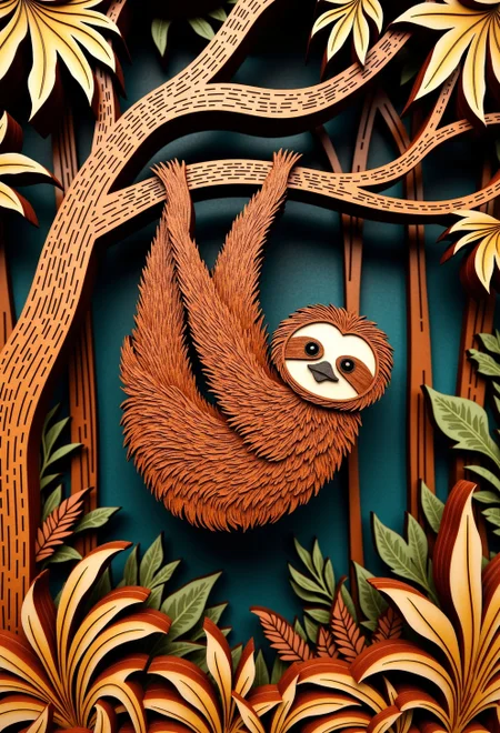 Laser cut, layered wood, the crafted wooden model featuring a textured Sloth hanging from a tree. The wood used for the scene is a colorful, and enhancing the depth and richness of the design. The background of the image is in a joyful style color palette and showing a dense forest, contrasting and melting sharply with the lighter tones of the wood. The entire model is made from finely detailed wooden pieces.
<lora:Layered_wood_Laser_cut_-_FLUX:0.8>
<lora:PCB_Image_Enhancer_for_FLUX:0.3>