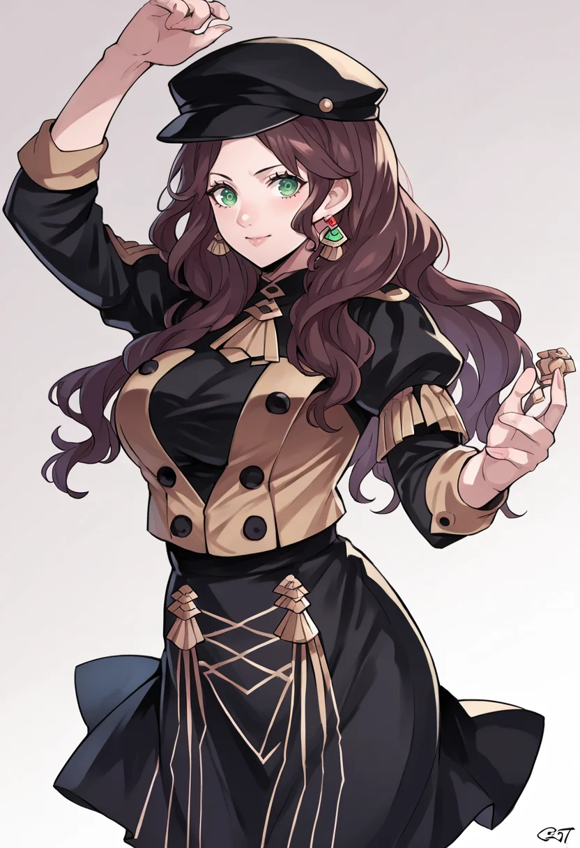 score_9, score_8_up, score_7_up, source_anime, mldortgm, black headwear, black skirt, black uniform, brown hair, dangle earrings, gold trim, green eyes, jewelry, large breasts, long hair, <lora:dorothea-take-1pdxl:1>