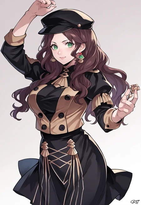 score_9, score_8_up, score_7_up, source_anime, mldortgm, black headwear, black skirt, black uniform, brown hair, dangle earrings, gold trim, green eyes, jewelry, large breasts, long hair, <lora:dorothea-take-1pdxl:1>