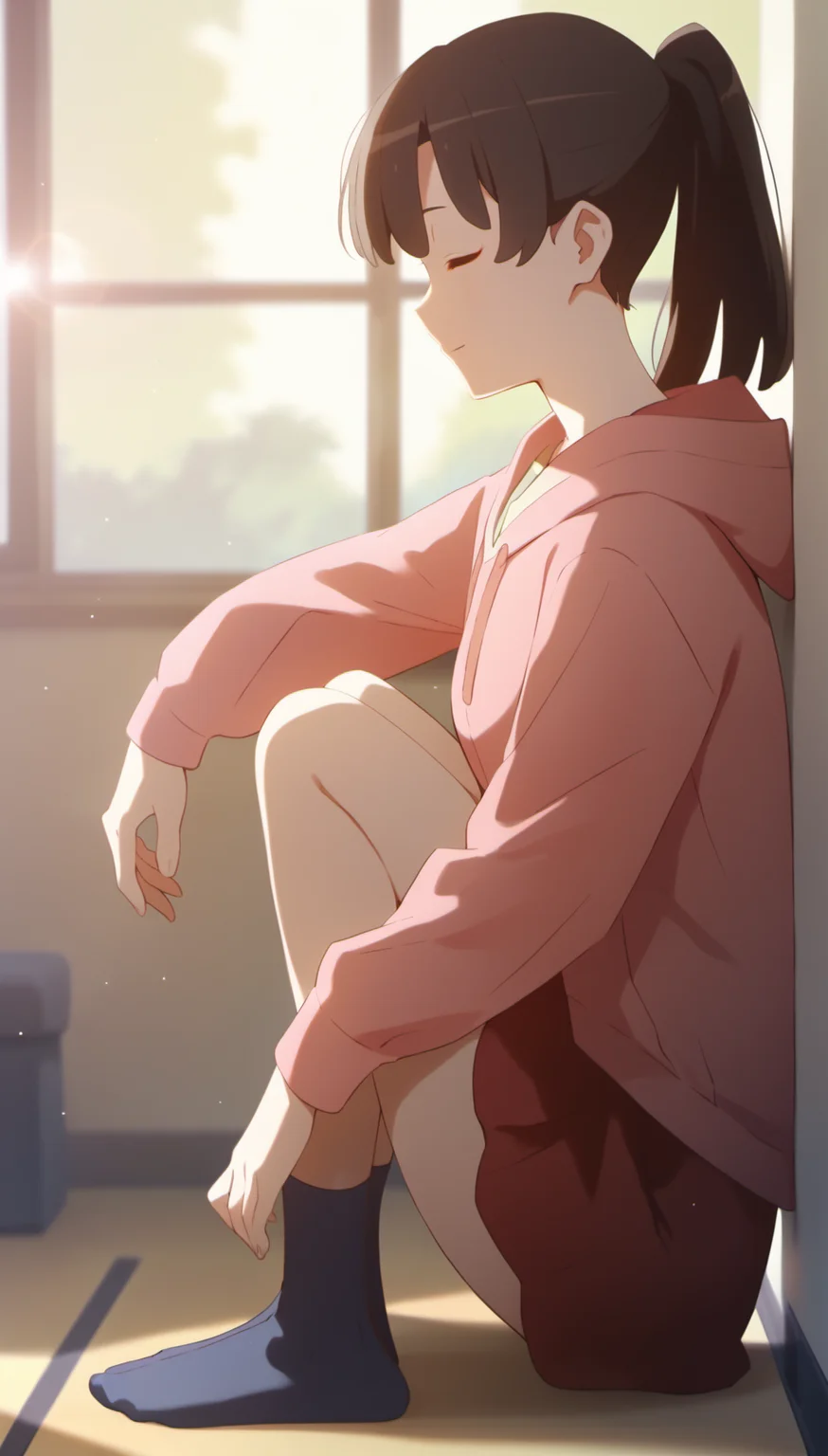 score_9,score_8_up,score_7_up,
<lora:megumikato>,
katomegumi,
1girl,solo,black hair,bangs,ponytail,closed eyes,smile,pink hoodie,long sleeves,red skirt,blue socks,full body,from side,sitting on the floor,feet out of frame,leaning against the wall,
blurry background,bloom,bloom,light particles,lens flare,indoors,living room,window,