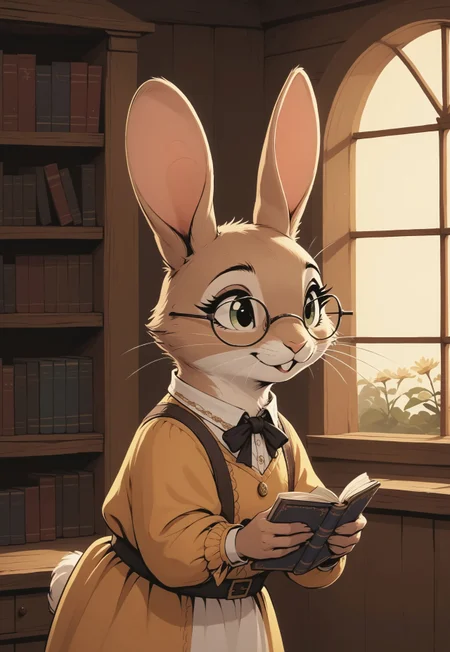 score_9, score_8_up, score_7_up, score_6_up, score_5_up, score_4_up, m0use_maximilla, in the style of Beatrix Potter, (((rabbit))), feral, (cute:1.2), light beige fur, light brown eyes, glasses,
[][][][][]
A rabbit woman in a side view, capturing her upper body as she puts away books in a cozy library filled with charm. Her long, expressive ears are perked up, and her soft, warm brown fur is gently illuminated by soft, golden light. She wears a delicate floral blouse with pastel colors that harmonize with the serene atmosphere of the library. Engaged in the task, she reaches up with one hand, gracefully placing a colorful, well-loved book onto a sturdy wooden shelf, her slender fingers showing the gentle effort of the action. The shelves behind her are tall and packed with a diverse collection of books—some leather-bound, others paperbacks—arranged both vertically and horizontally, adding a touch of organized chaos. The library features wooden beams and soft carpeting, creating an inviting, tranquil space, with light filtering through a nearby window, casting soft shadows and enhancing the warm ambiance
