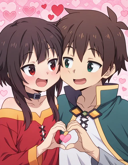 masterpiece, best quality, amazing quality,, <lora:konosuba-megumin-s2-ponyxl-lora-nochekaiser:1>, megumin, short hair, black hair, red eyes, short hair with long locks, mature female, small breasts, anime screencap, <lora:kazuma-satou-illustriousxl-lora-nochekaiser:1>, kazuma satou, 1boy, brown hair, green eyes, short hair,, , <lora:heart-hands-duo-illustriousxl-lora-nochekaiser:1> heart hands duo, heart hands, heart, heads together, cheek-to-cheek, open mouth, smile, hetero
