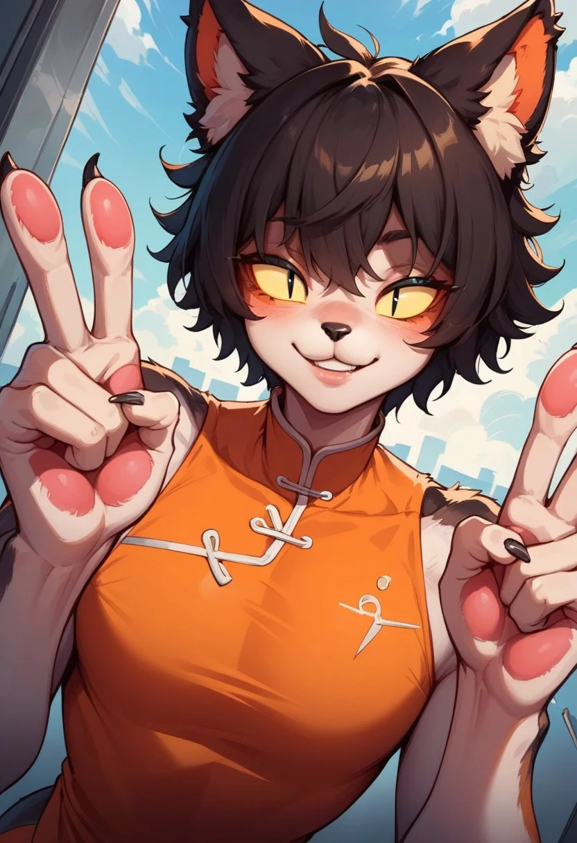 score_9, score_8_up, score_7_up, ultra quality, dutch angle, source_cartoon, (detailed fur texture), smooth outlines, 1boy, AakXL, femboy, furry, cat boy, short hair, bangs, yellow sclera, black pupils, slit pupils, black hair, animal ears, animal nose, chinese clothing, bare shoulders, orange makeup, white body, smiling, half closed eyes, leaning forward, peace sign, dutch angle,