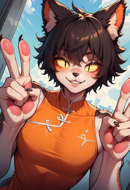 score_9, score_8_up, score_7_up, ultra quality, dutch angle, source_cartoon, (detailed fur texture), smooth outlines, 1boy, AakXL, femboy, furry, cat boy, short hair, bangs, yellow sclera, black pupils, slit pupils, black hair, animal ears, animal nose, chinese clothing, bare shoulders, orange makeup, white body, smiling, half closed eyes, leaning forward, peace sign, dutch angle,