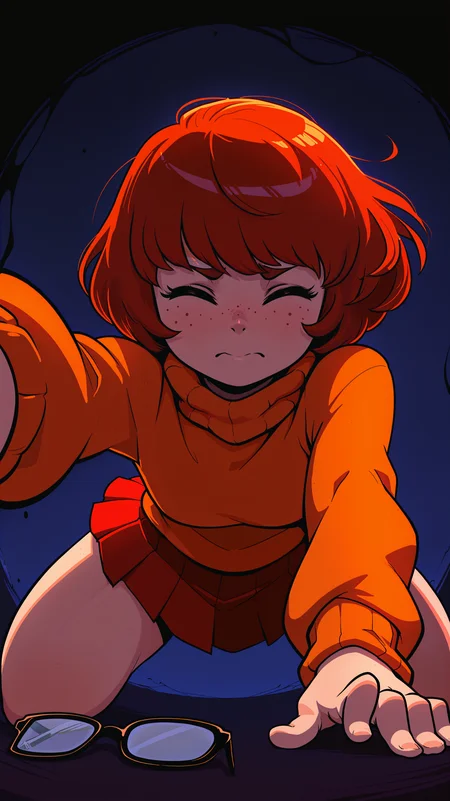 masterpiece, best quality, amazing quality, girl, <lora:Crestyle_Illu_epoch_15:0.8>, Crestyle, dynamic pose, crawling, velma dinkley, unworn glasses, freckles, orange sweater, turtleneck sweater, red pleated skirt, solo, darkness, solo, closed eyes, low angle, haunted, close-up, nervous, kneeling, reaching towards viewer, possessed,