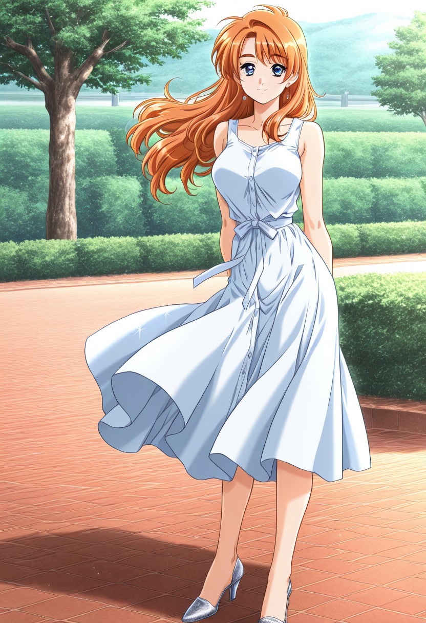 masterpiece, best quality, newest, highres, uncensored, 1girl, yokota mamoru style,motion lines,1girl,motion lines, anime coloring, Orange Tank Topt, bare legs, high heels, white dress,full body, standing, detailed background, outdoors, glitter, light smile, looking at viewer, solo,,Kanou Makoto Again Version,blue eyes, orange hair, 1990s (style), large breasts,long hair,Earrings,