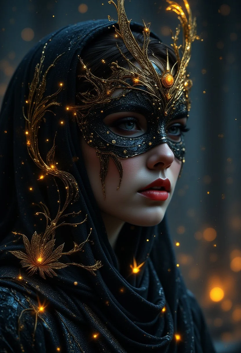 Cinematic style, realism, cinematic quality, Pastel, 
A vibrant, futuristic form with smooth curves and a golden sheen that created an otherworldly atmosphere. The night was thick with rain, its rhythmic drumbeats in the tall windows of the old manor mingling with the low hum of jazz drifting through the room. She moved through the crowd like smoke, dark and elusive, in a shimmering dress that seemed to catch the light in all the right places. Her (((mask of delicate black lace: 1.4))), clinging to her skin, revealed just enough to spark the imagination, but hid the most important parts: her eyes. Only her lips were open, painted a shade of red that seemed both dangerous and inviting, like a whispered secret. One that could kill a man. Simple yet captivating, the design caught the light reflections on its surface, adding depth and dimension. This digital work of art embodies modernity while simultaneously awakening curiosity about what lies beyond our consciousness.