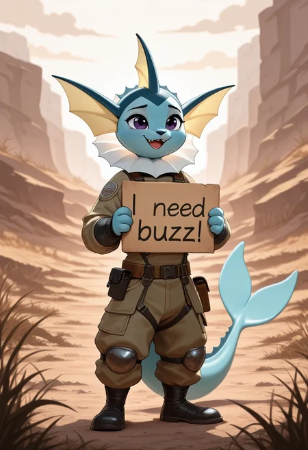 masterpiece, best quality, newest, absurdres, highres, 2024, 2023, masterpiece, best quality, amazing quality, (male, antro: 1.4), ZOOTOPIA_ARTSTYLE
BREAK 
( muscle, ( proud, holding sign: "I need buzz for vaporeon liberation.") :1.1)), (1boy, solo ,(male only) anthro, )
BREAK 
(male: Vaporeon)), wasteland outfit, pg
BREAK 
outdoors, detailed background, wasteland