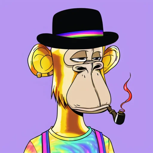 BAYC, portrait, monkey, flat purple background, cartoon, caricature, solo, ape, rainbow suspenders, gold stud earring, bowler hat, golden fur, pipe, tie dye t-shirt <lora:BAYC_LoRA:0.75>