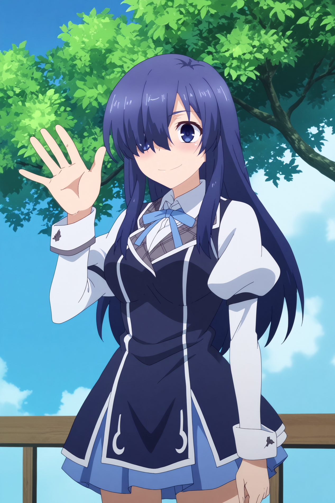 ayase ayatsuji,1girl,solo,long hair,breasts,school uniform,skirt,hair over one eye,purple eyes,blue hair,long sleeves,nanamori school uniform,standing,waving,smile BREAK outdoors,medieval school,blue sky,flower,sunshine    <lora:Ayase_Ayatsuji_-_Rakudai_Kishi_no_Eiyuutan.safetensors:0.8> <lora:detailed_backgrounds_v2.safetensors:0.5>