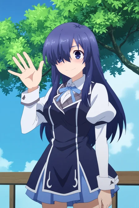 ayase ayatsuji,1girl,solo,long hair,breasts,school uniform,skirt,hair over one eye,purple eyes,blue hair,long sleeves,nanamori school uniform,standing,waving,smile BREAK outdoors,medieval school,blue sky,flower,sunshine <lora:Ayase_Ayatsuji_-_Rakudai_Kishi_no_Eiyuutan.safetensors:0.8> <lora:detailed_backgrounds_v2.safetensors:0.5>