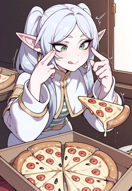 score_9, score_8_up, Expressiveh 1girl, solo, zzFrieren, long hair, twintails, green eyes, grey hair, pointy ears, elf, shirt, long sleeves, jewelry, earrings, striped, capelet, striped shirt, ManLevitatingPizzaMeme, pizza, pizza box, pizza slice, closed mouth, tongue, wide open eyes, (shaking:0.8), table