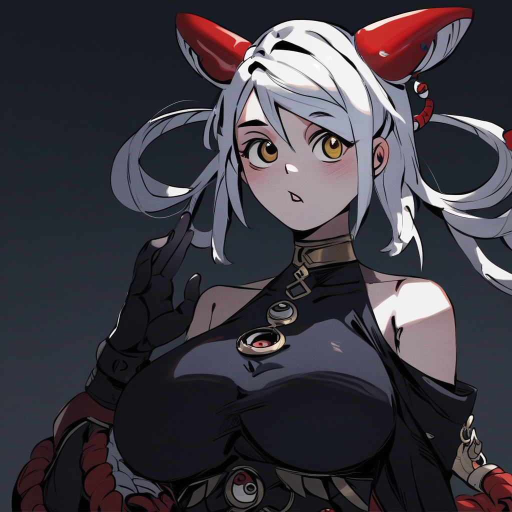 score_9, score_8_up, score_7_up, qi, 1girl, large breasts, bare shoulders, jewelry, white hair, yellow eyes, clothing cutout,animal ears,red horn,