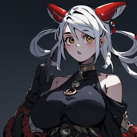 score_9, score_8_up, score_7_up, qi, 1girl, large breasts, bare shoulders, jewelry, white hair, yellow eyes, clothing cutout,animal ears,red horn,
