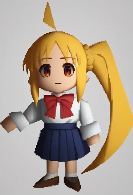 score_9, score_8_up, score_7_up, source_anime BREAK 1girl, solo,
 <lora:zs_FFVIIChibisXL_1> ffviichibis, chibi, standing, full body, white background
 <lora:bocchi_nijikaijichi_ponyXL:1> ijichi nijika, ahoge, blonde hair, side ponytail, white shirt, red bow, long sleeves, blue skirt, pleated skirt
