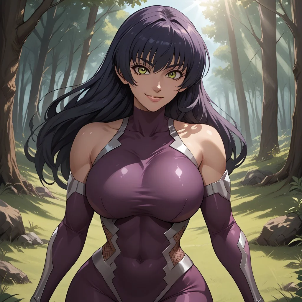 score_9, score_8, BREAK, solo, 1girl, Igawa_Asagi, long hair, taimanin suit, purple body suit, bare shoulders, standing, curves, big breasts, sexy pose, self portrait, smile, outdoors, sunlight, shadows, evening lighting, natural lighting, forest, trees, grass, sunset