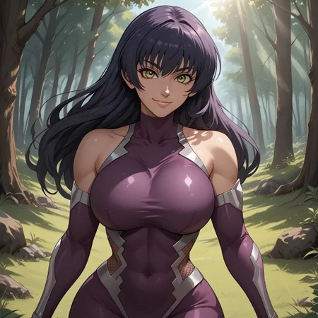 score_9, score_8, BREAK, solo, 1girl, Igawa_Asagi, long hair, taimanin suit, purple body suit, bare shoulders, standing, curves, big breasts, sexy pose, self portrait, smile, outdoors, sunlight, shadows, evening lighting, natural lighting, forest, trees, grass, sunset