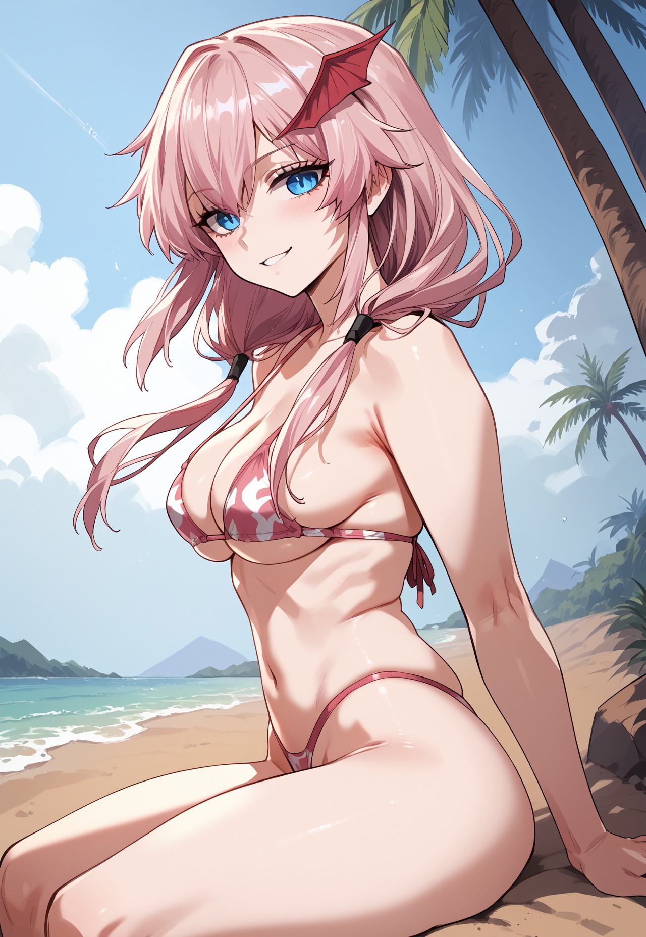 safe_pos, zPDXL3, score_9_up, score_8_up, score_7_up, (Anime_source), 1girl, LapisLazuli, blue eyes, light pink hair, long hair, low twintails, looking at viewer, smile, from side, palm trees, light blush, sitting on sand (bikini, g thong), pink theme