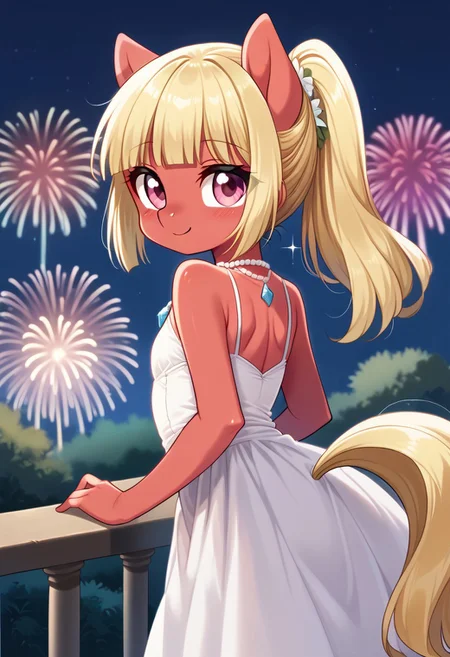 score_9, r0ug3, white dress, necklace, source_pony, ntm, <lora:aerial-fireworks-ponyxl-lora-nochekaiser:1>, aerial fireworks, blurry background, blush, smile, fireworks, from behind, looking at viewer, looking back, night, night sky, outdoors, sparkle,