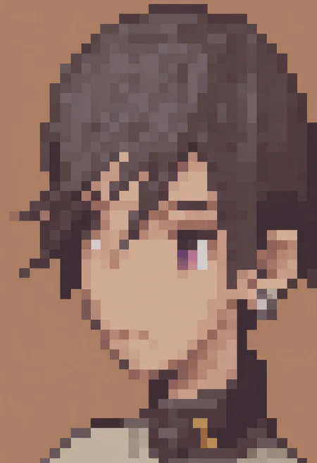 masterpiece, best quality, solo, 1boy, looking at viewer, <lora:FFT-Portraits-illus_Fp:1>, pixel art, portrait, simple background, <lora:Naoya-illus_Fp:1>, naoyap1, black hair, purple eyes, school uniform, hair between eyes, short hair, single earring,