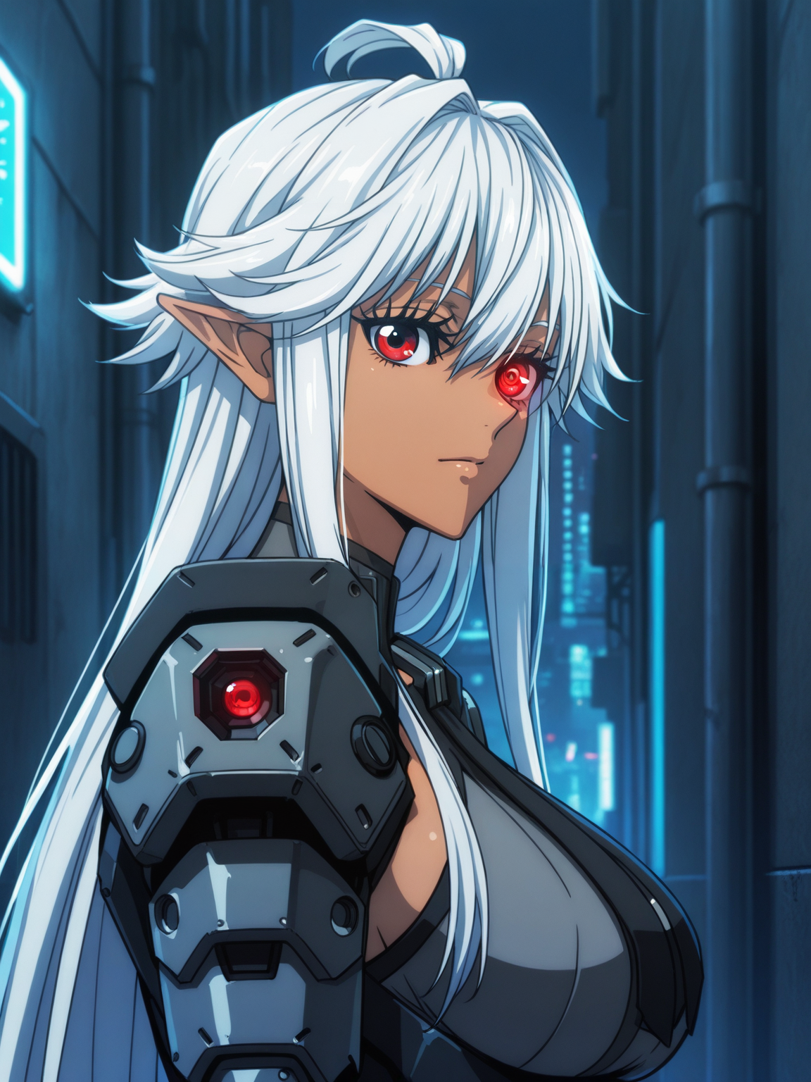 <lora:ElfIL:0.8> e_lf, 1girl, white hair, long hair, elf ears, tanned skin, red eyes, long eyelashes,
looking at viewer, cyberpunk, augmentations, prosthetic, metal arm, GLOWING CYBERNETIC EYE,difficult background, at night, dynamic pose, upper body