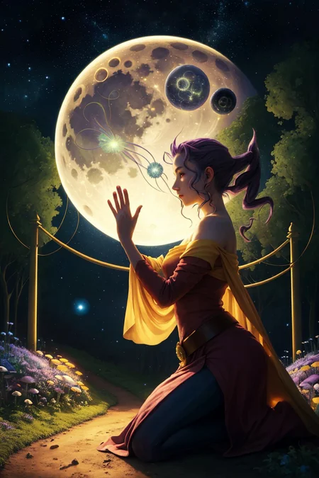 (masterpiece, best quality, high resolution),cowboy shot, 1girl, solo, rosems , hagoromo, shawl, dress, bare shoulders, belt, pantyhose, scarf ,shoulder cutout, kneeling, hands cupped around a floating glowing orb, <lora:RoseMS:1> night, full moon, stars, clear night sky, luminescent flowers, yellow fireflies, side view, warm light, hq, fairy forest, ancient torii gate in background, luminescent mushrooms, dirt path, luminescent fairies, score_9, score_8_up, score_7_up, detailed background, FeyFa