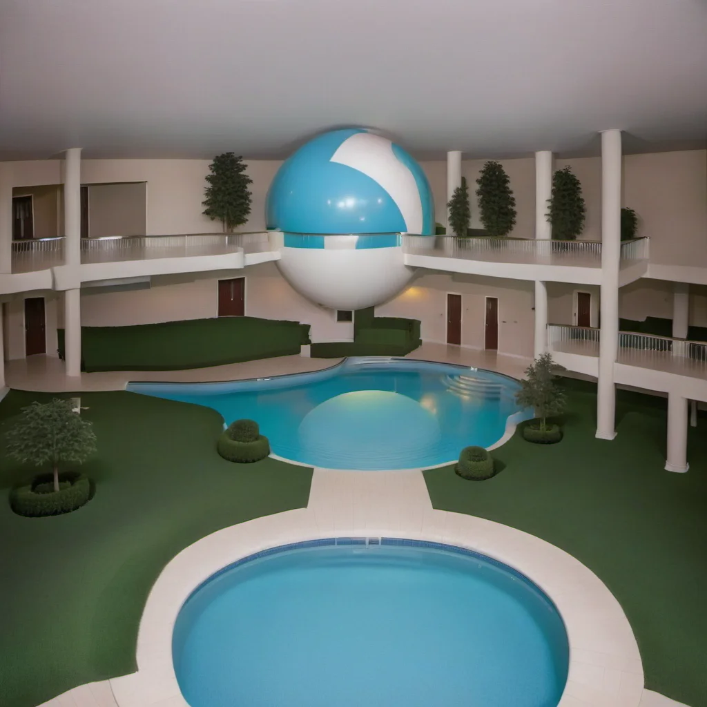indoors, sofa, swimming pool, mezzanine floor, railings, grass, flourescent lights, water slide, stairs, (ball, sphere:1.2), trees, hedge,
<lora:Liminal_Spaces_XL:1>