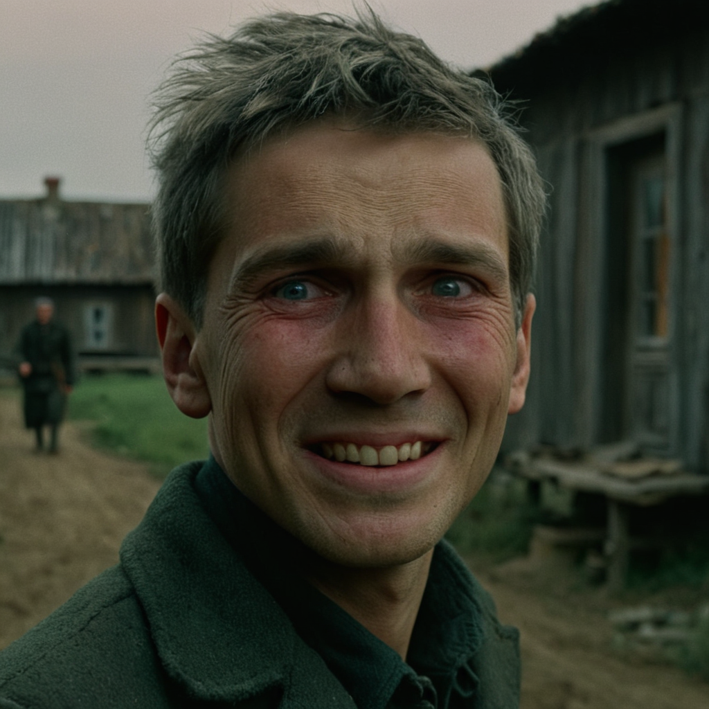 cinematic film still of  <lora:Come and See style v2:1>
Young boy Florian Gaishun In 1943, in a small Belarusian village a young man with a shell shock face on is smiling sad with horrible wrinkly shocking face,solo,looking at viewer,smile,1boy,grey hair,male focus,blurry,black eyes,depth of field,blurry background,turtleneck,portrait,realistic,old,old man,wrinkled skin , action, horror, war, movie themed, sharp, detailed, epic cinematic photography, artistic, creative, dramatic light, cinematic color style, Kodak film style, 8k resolution, Come and See style, shallow depth of field, vignette, highly detailed, high budget, bokeh, cinemascope, moody, epic, gorgeous, film grain, grainy