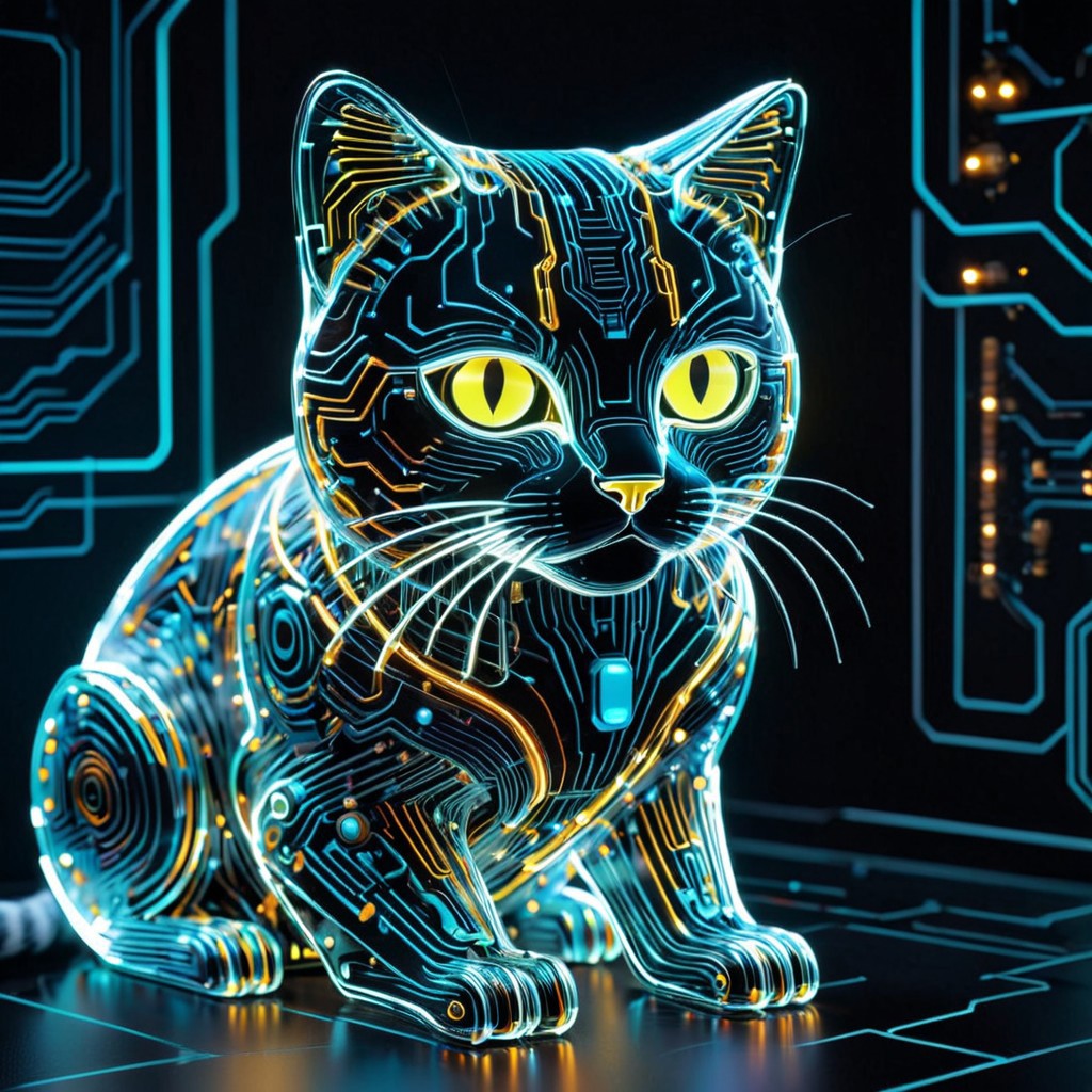 holotech cat, made of glass, colorful, ultra detailed, circuits, glowing