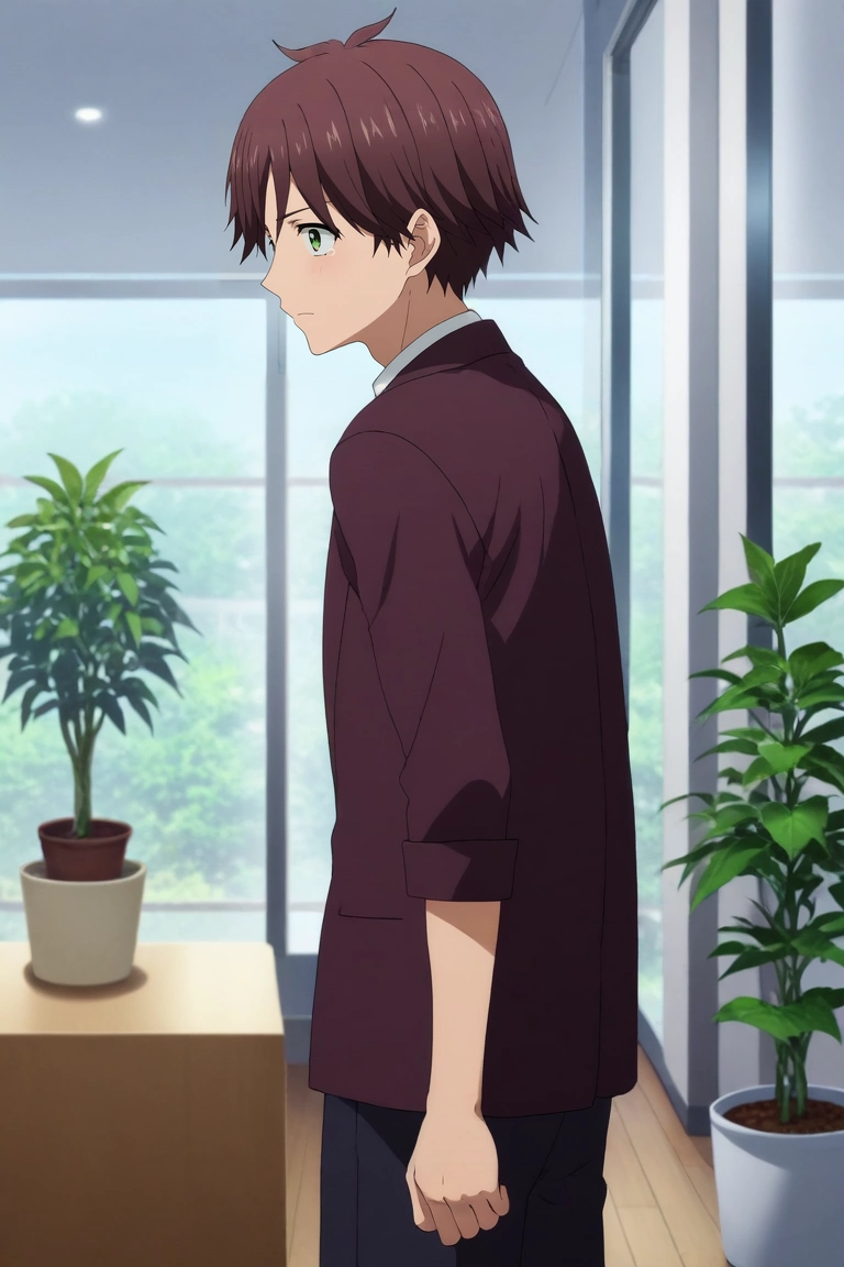 score_9, score_8_up, score_7_up, source_anime, rating_safe, intricate details, (3d:0.4), , depth of field, 1boy, solo, male focus, <lora:tasuku_yamane_pony:0.86>, tasuku_yamane, brown hair, green eyes, short hair, from side, living room, plant, indoors, dark, looking back, tearing up, ,, <lora:sdxl_lightning_8step_lora:1>
