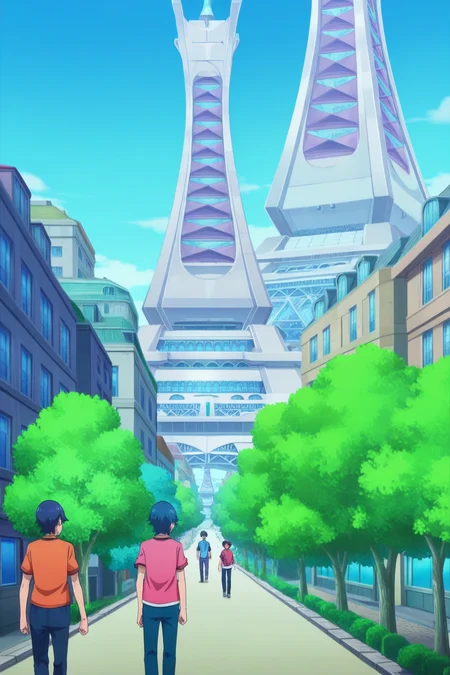anime, animification, anime screencap, anime coloring, vivid colors, depth of field, high quality, highres, lumiose city, 1girl, shirt, 1boy, outdoors, multiple boys, sky, day, tower, prism tower, pants, tree, blue sky, building, scenery, city, road, street
<lora:Lumiose_city-10:1>