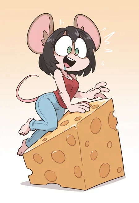 masterpiece, best quality, amazing quality, very aesthetic, absurdres, newest, simisimi, chibi, solo, furry, mouse, (brown fur), black hair, green eyes, red tank top, blue pants, lying on side, on giant cheese, excessive amount of cheese, excited, drool, (4 fingers), gold gradient background, <lora:simi-style-il:1>