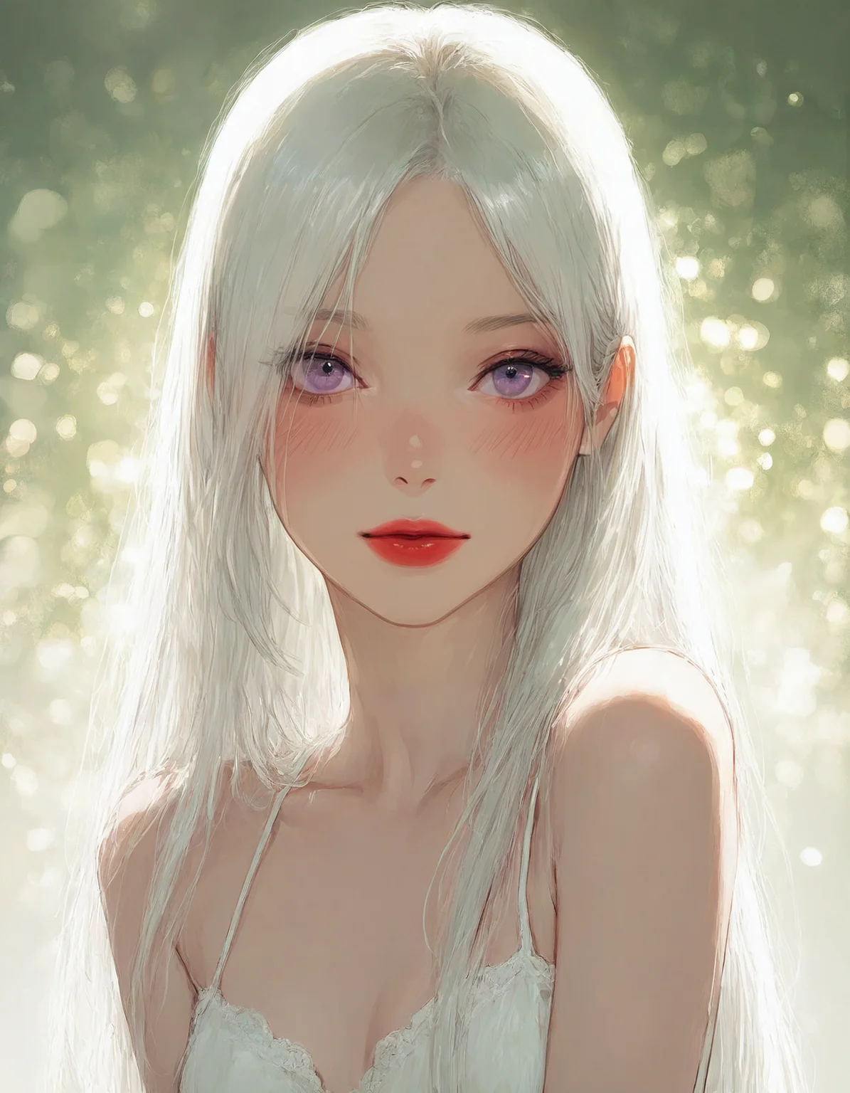 (masterpiece, best quality:1.1), amazing quality, newest, absurdres, incredibly beautiful, very aesthetic, realistic, delicate slender girl, Jedst2, brushstrokes, ethereal sunlight background, white hair, very long straight hair, red lips, purple eyes, sensual, blush,
<lora:Face_Enhancer_Illustrious:0.6>, <lora:Jedst2:0.8>