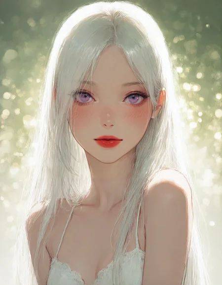 (masterpiece, best quality:1.1), amazing quality, newest, absurdres, incredibly beautiful, very aesthetic, realistic, delicate slender girl, Jedst2, brushstrokes, ethereal sunlight background, white hair, very long straight hair, red lips, purple eyes, sensual, blush, 
<lora:Face_Enhancer_Illustrious:0.6>, <lora:Jedst2:0.8>