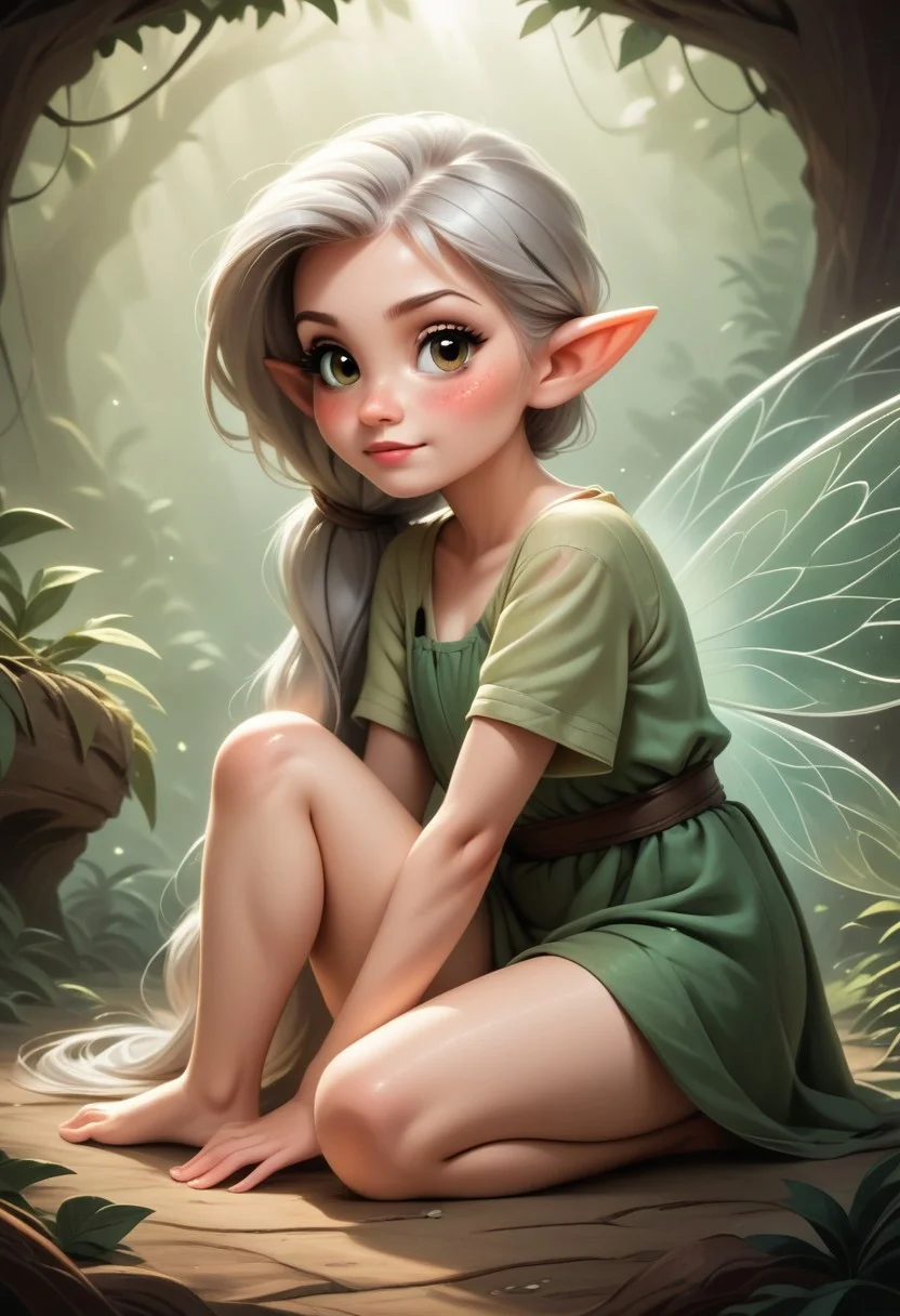 masterpiece, 8k, perfect ligthing, , child, 1girl, female, looking at viewer, cinematic lighting, Fawn, young face, (FawnWaifu:1.1), single ponytail, extra long ponytail, dress, (extra long white fairy wings), long wings, brown green clothes, clothes made from leaves, silver hair, pointy ears, (detailled eyes), shrunken, lying on side, lying on ground, blush, pixiedust, jungle, treehouse, <lora:FawnTinkerbellDisney-08:0.6> <lora:realisticGlossyFaceSkin_rseromanticRsesofiko:0.3><hypernet:empty:0.5>